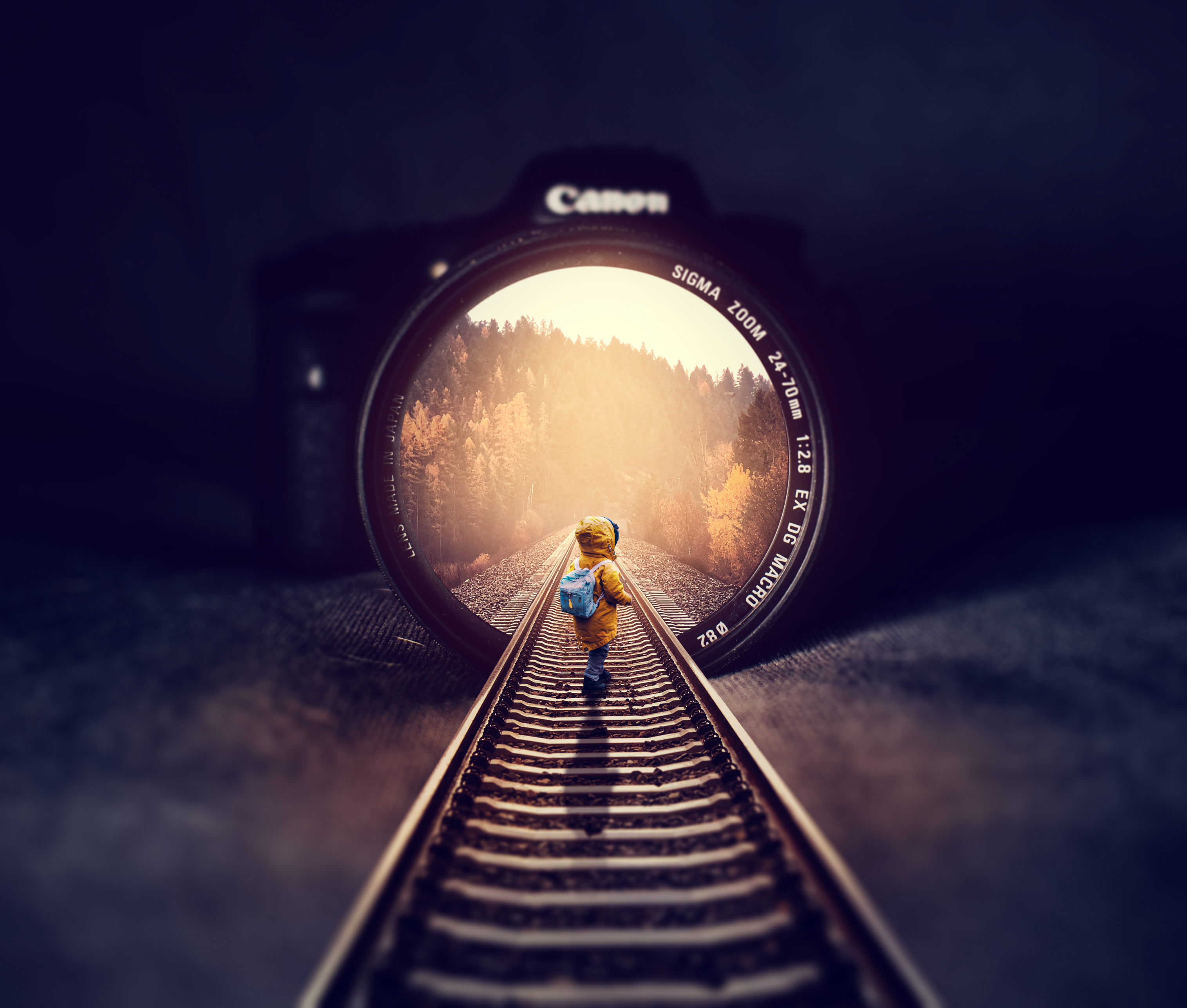 Illustrationof a little boy walking toward the inside of a camera