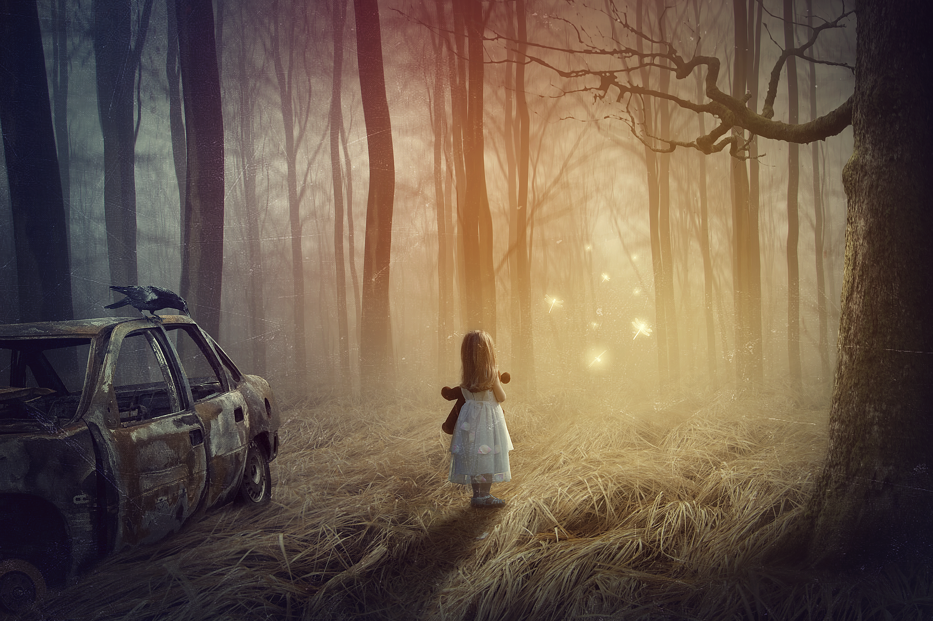 Illustration about a little girl lost in a dark forest